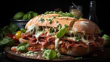 ai generado A la parrilla carne emparedado en ciabatta, Fresco ensalada, rústico madera mesa generado por ai foto