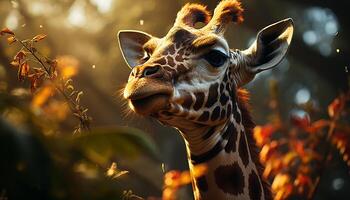 AI generated Giraffe in the wild, looking at camera, standing tall and elegant generated by AI photo