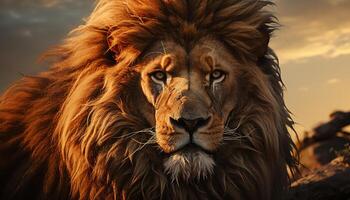 AI generated Majestic lion, king of the savannah, stares into the sunset generated by AI photo