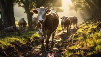 ai generado vacas pasto en verde prado, naturaleza belleza a lechería granja generado por ai foto