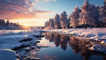AI generated Winter landscape snow covered forest, tranquil sunset, frozen mountain, icy reflection generated by AI photo