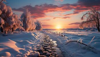 AI generated Winter sunset over snowy landscape, tranquil forest, frozen beauty generated by AI photo