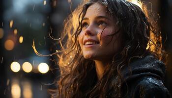 ai generado uno hermosa mujer sonriente, disfrutando el lluvia, despreocupado y contento generado por ai foto