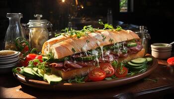 ai generado A la parrilla carne emparedado en ciabatta, Fresco ensalada en plato generado por ai foto