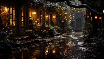 AI generated The illuminated lanterns light up the dark autumn night generated by AI photo