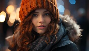 AI generated Smiling young woman in warm winter clothing looking at camera generated by AI photo