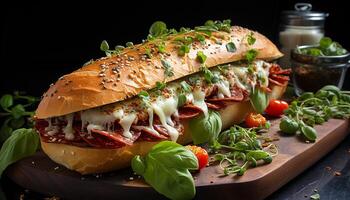 AI generated Freshness and gourmet in a grilled meat sandwich on ciabatta generated by AI photo