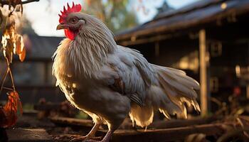 AI generated A young rooster stands proudly in the farmyard, feathers vibrant generated by AI photo
