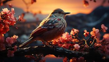 AI generated A cute sparrow perching on a branch, surrounded by vibrant colors generated by AI photo