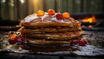 AI generated Freshly baked pancake stack with chocolate syrup and grilled fruit generated by AI photo