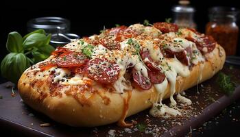 ai generado A la parrilla carne, Fresco queso Mozzarella, tomate en hecho en casa Pizza un pan generado por ai foto