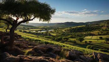 ai generado tranquilo puesta de sol terminado rural granja, montañas, y prado en verano generado por ai foto