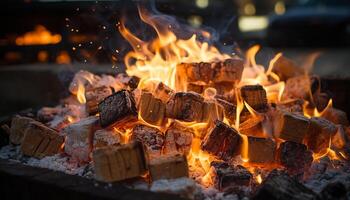 AI generated Glowing flame grills fresh meat for gourmet summer picnic generated by AI photo