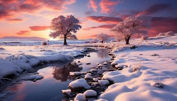 AI generated Tranquil winter landscape snow covered forest, sunset paints sky blue generated by AI photo