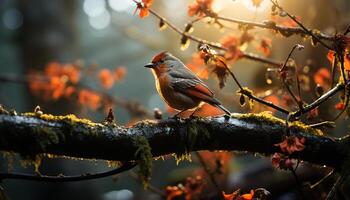 AI generated A small bird perching on a branch in the forest generated by AI photo