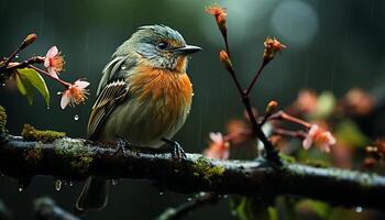 AI generated A beautiful bird perching on a branch, surrounded by nature generated by AI photo
