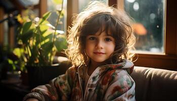 AI generated Smiling Caucasian girl, enjoying nature, looking at camera with joy generated by AI photo