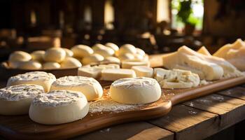 AI generated Fresh French dairy products on a rustic wooden table generated by AI photo