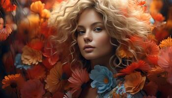 AI generated A beautiful young woman with curly hair smiles outdoors in autumn generated by AI photo