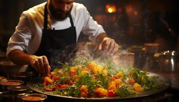 AI generated One man cooking gourmet grilled salad indoors, expertise in preparation generated by AI photo