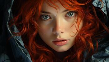 AI generated One beautiful woman with curly red hair looking at camera generated by AI photo