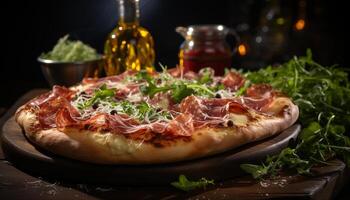 AI generated Freshly baked homemade pizza with gourmet toppings on rustic wood table generated by AI photo