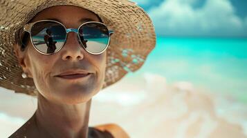 ai generado mujer abraza playa serenidad con Dom sombrero Gafas de sol y turquesa fondo en suave natural ligero foto