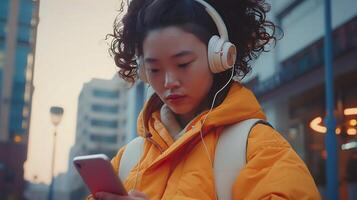 AI generated Young Woman Immersed in Music and Technology Captured in CloseUp with Soft Blurred Background photo