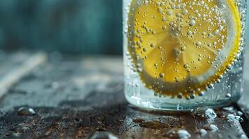 AI generated Refreshing Sparkling Water with Lemon Slice Captured in Macro Detail on Rustic Wooden Table photo