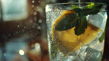 AI generated Iced Lemonade Refreshment Macro Shot Emphasizing Condensation Lemon Slice and Dreamy Background photo