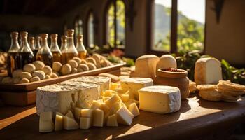 ai generado Fresco gastrónomo queso Camembert, pan, y vino en rústico de madera mesa generado por ai foto