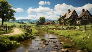 AI generated Tranquil meadow, green trees, old cottage, blue sky, peaceful water generated by AI photo