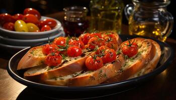 ai generado frescura en plato A la parrilla tomate, pan, gastrónomo comida, sano bocadillo generado por ai foto