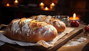 AI generated Freshly baked bread on wooden table, a homemade gourmet meal generated by AI photo