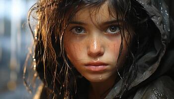 ai generado un linda niña sonriente, mirando a cámara, disfrutando el lluvia generado por ai foto