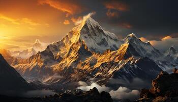 AI generated Majestic mountain range, snow capped peaks, tranquil autumn landscape generated by AI photo