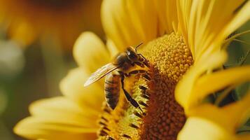 ai generado abeja coleccionar néctar desde flor silvestre macro lente capturas intrincado detalles en lozano verde follaje foto