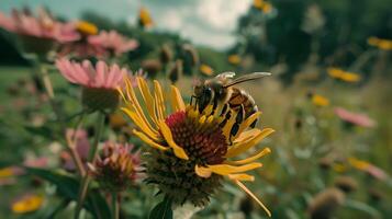 AI generated Bee Collecting Nectar in Soft Natural Light Embracing Peaceful and Natural Environment photo