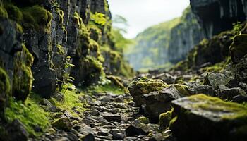 AI generated Ancient mountain peak, overgrown with green lichen, in tranquil nature generated by AI photo