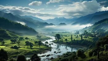 AI generated Tranquil meadow, green mountains, terraced fields nature beauty generated by AI photo