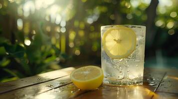 AI generated Refreshing Iced Lemonade Macro Lens Capture Emphasizes Droplets and Lemon Slice in Softly Blurred Dreamy Background photo