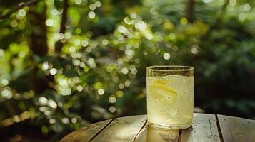 ai generado refrescante vaso de con hielo limonada abrazado por macro lente capturar condensación y limón rebanada en suave soñador antecedentes foto