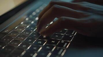 AI generated Hands Typing on Modern Laptop Keyboard Soft Natural Light Illuminating Keys photo