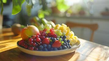 ai generado vibrante Fruta plato en de madera mesa capturado con 50 mm lente en rústico cocina ajuste foto