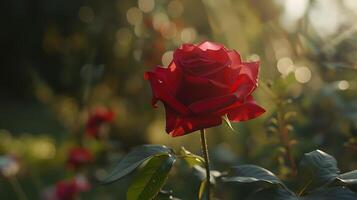 AI generated Vibrant Red Rose Blooms Under Soft Natural Light in Captivating Macro Shot photo