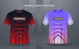 Sports jersey pattern template design with abstract illusion lines. Modern red black and purple silver color combination vector