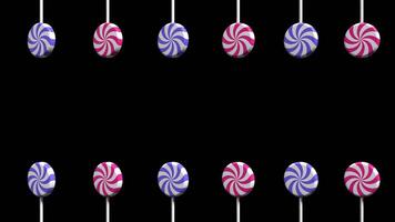 Spiral lollipop animation. Lollipop on stick animation. Striped twisted candy. Move to the left and rotate. Copy space. Seamless 3D animation. Transparent background with alpha channel video