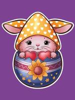 Easter bunny wearing gnome hat character hatching from a colorful egg vector