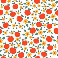 Seamless apple pattern with green leaves and yellow flowers on a white background. Suits as fabric print, wallpaper, all parts are editable vector