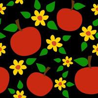 Seamless apple pattern with green leaves and yellow flowers on a black background. Suits as fabric print, wallpaper, all parts are editable vector